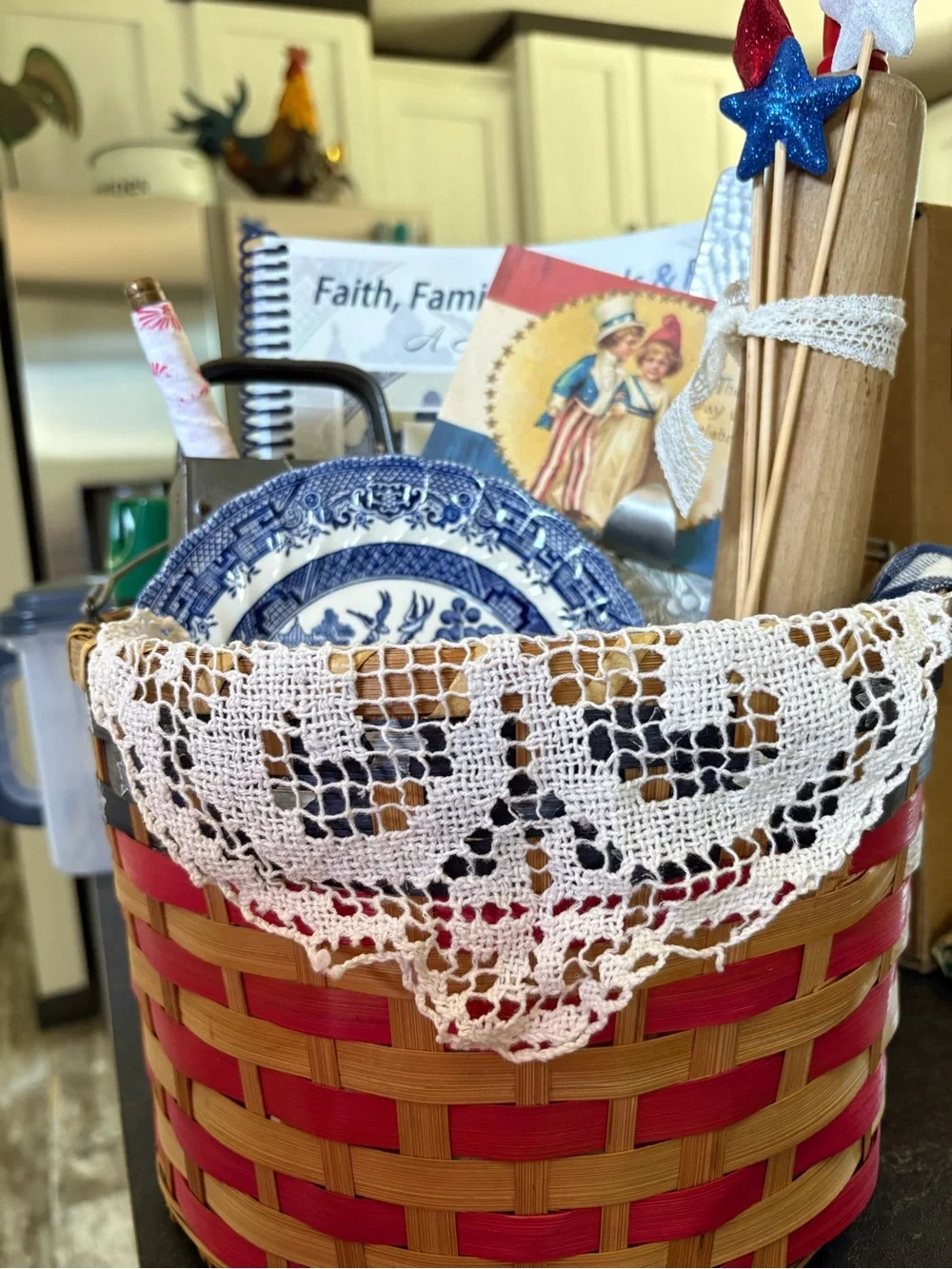 Patriotic Woven Accent Basket with Red, Navy & Natural Stripes
